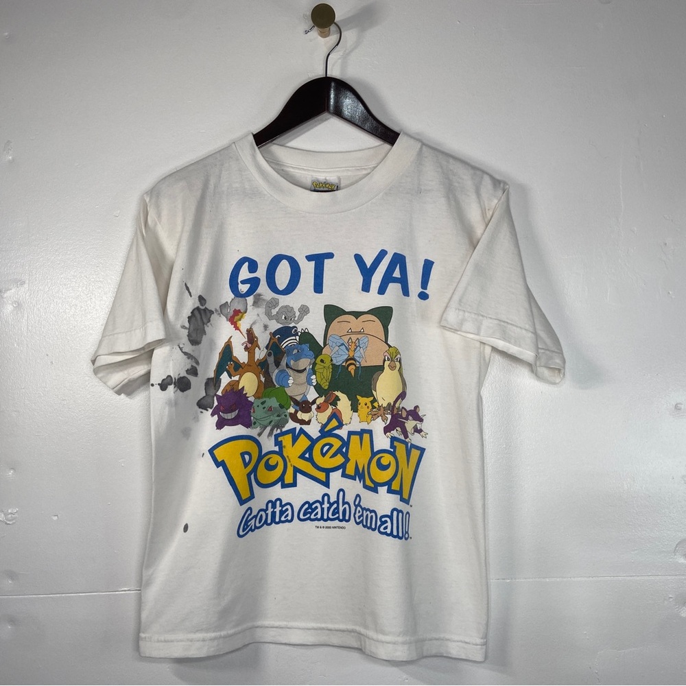 Vintage Pokemon Graphic T-Shirt Youth Large Cotton White Short Sleeve Stained